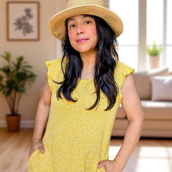 Toad & Co Rufflita flutter sleeve yellow orange organic cotton pocket shift dres - Picture 2 of 11